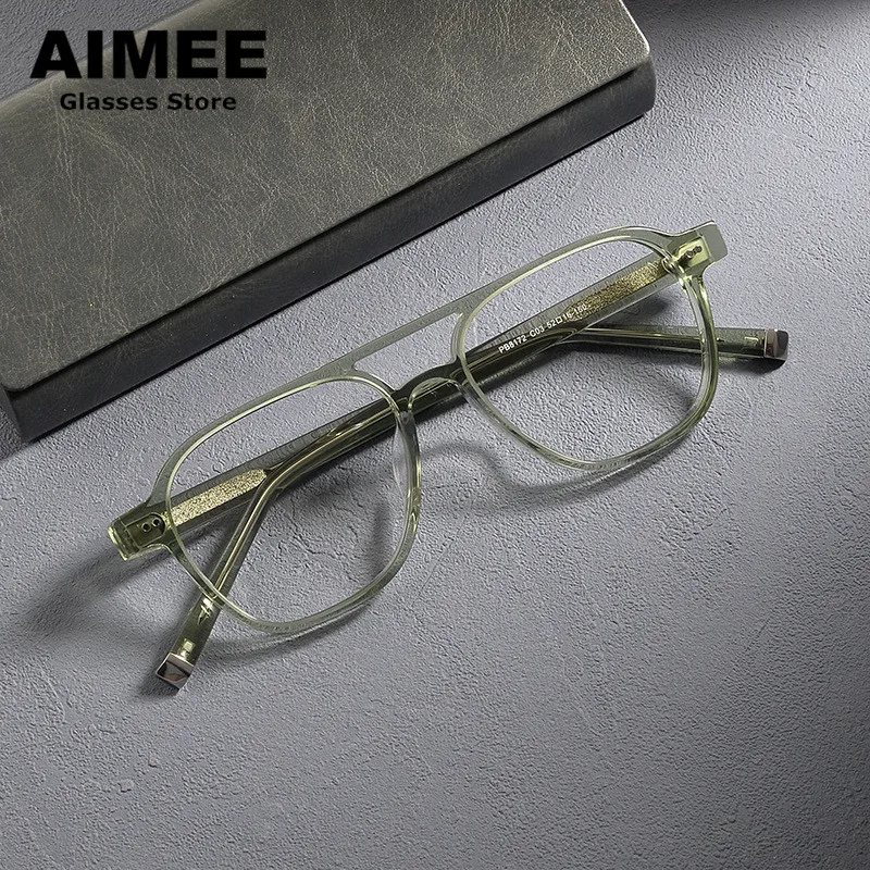 Men's Pilot Big Size Double-Beam Glasses Frame Square Acetate Prescription Eyeglasses Women Fashion Optical Blue Light Spectacle