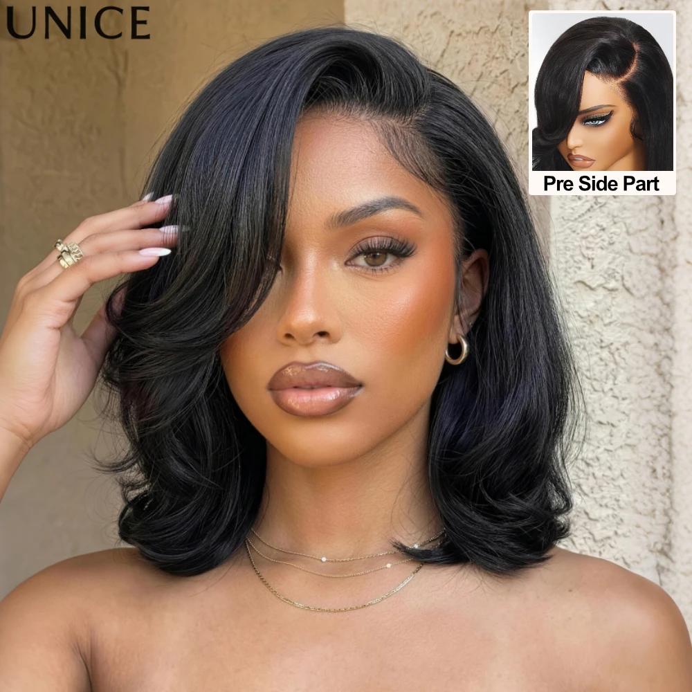 

UNice No-Slip 7x5 Lace Straight Bob Wig & 4x4 Lace Wig With Side Swept Bangs Black 100% Human Hair Glueless Wig Ready To Wear