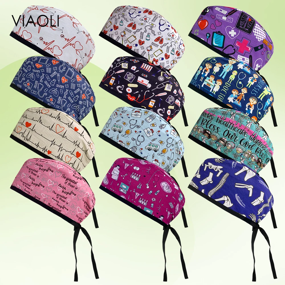 High Quality Printed Fabric Scrub Uniform Pediatric Nursing Nurse Hat Wholesale Cotton Medical Cap Women Dentist Working Hat Men