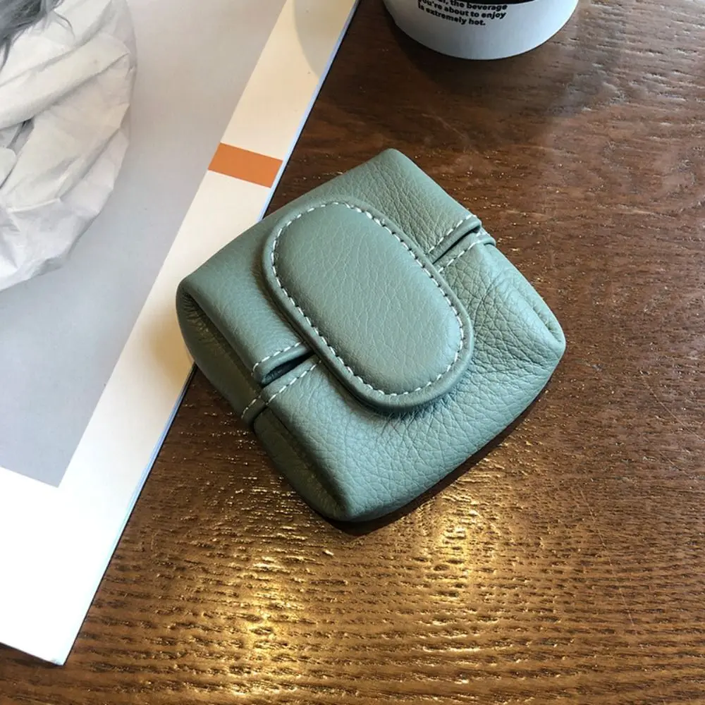 Soft Lychee Pattern Coin Purse Snap Button Multifunctional Mini Cowhide Wallet Lightweight Square Earphone Storage Bag