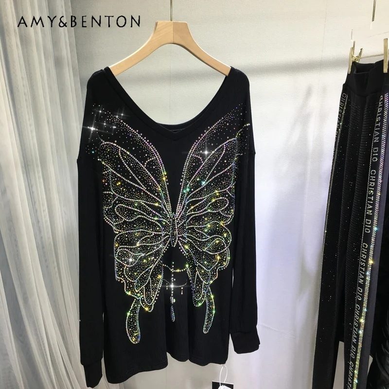 Y2k Coat Rhinestone Sweatshirt Light Luxury Butterfly V-Neck Top Black Loose Mid-Length Slimming Autumn Winter Hoodies Outerwear
