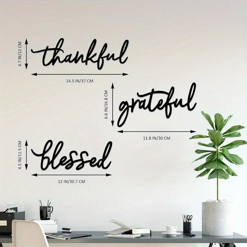 Metal Wall Art Sculpture Thankful Grateful Blessed Letter Sign Metal Wall Decor, 3pcs Black Metal Letters Wall Art for Bathroom