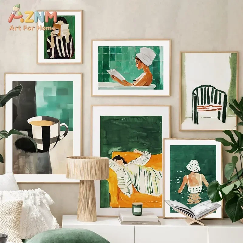 AZNM Green Abstract Lady Life Canvas Wall Art, Retro Woman Bath Reading Swimming Figure Print, Unframed Canvas Painting for Mode