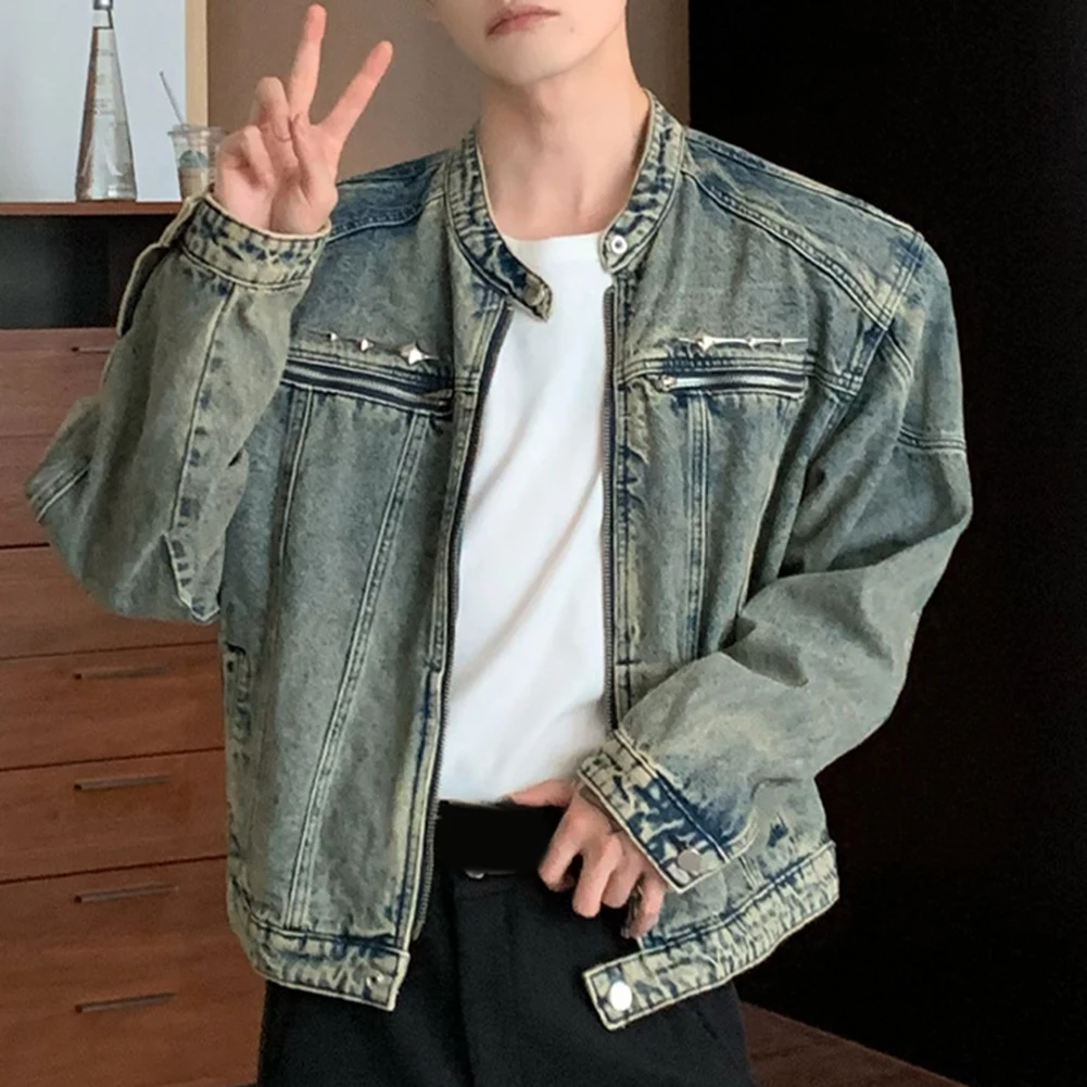 

Men's Washed Distressed Cargo Jacket Vintage Style Casual Coat for Spring Autumn Wear Blue Black Fashion Outerwear M-2XL