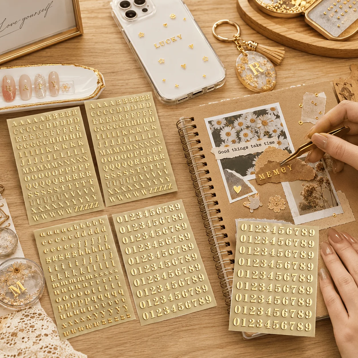 320/640Pcs Mini Gold Letter Number Stickers, Self-adhesive Glitter Decals for Scrapbook, Nail, Keyboard & DIY Craft Decoration