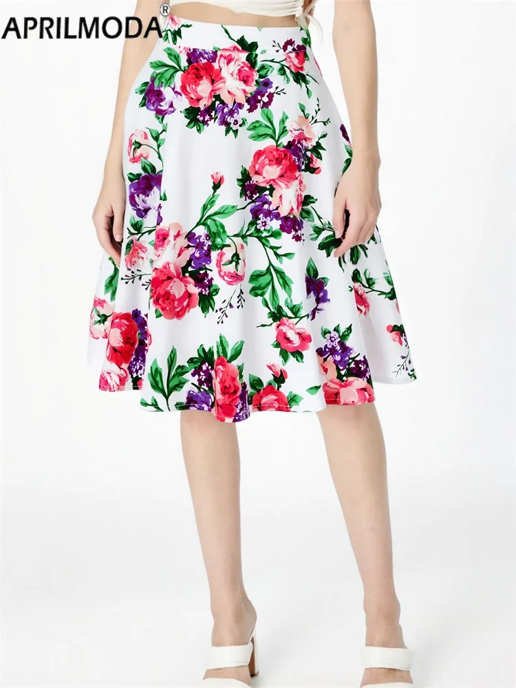 

Elegant High Waist 1950s Style Party Skirts White Floral Print Vintage Summer Swing Casual Skirt Office OL Short Cocktail Gowns