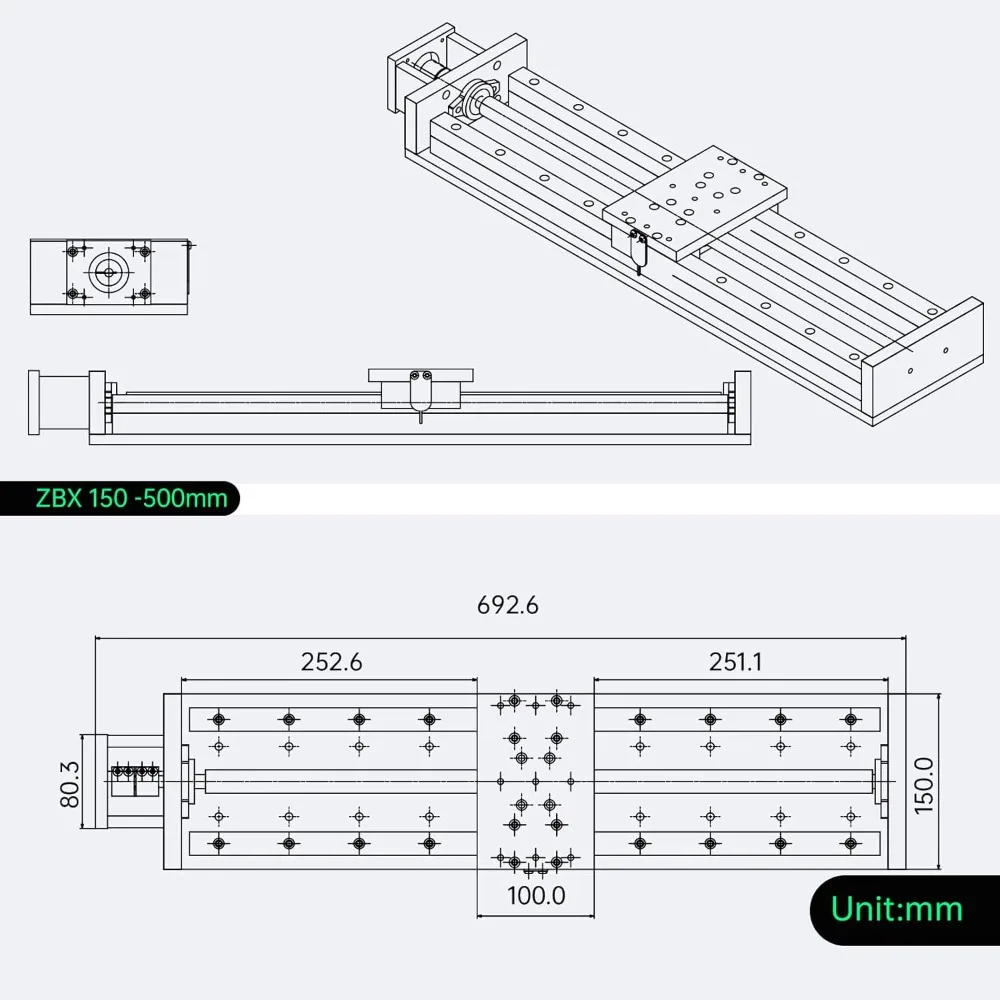 ZBX150-500mm/19.69 "السكتة الدماغية باستخدام الحاسب الآلي المرحلة الخطية محرك الحركة X/Y/Z محور عبر انزلاق الجدول دليل السكك الحديدية الشريحة الخطية المزدوجة