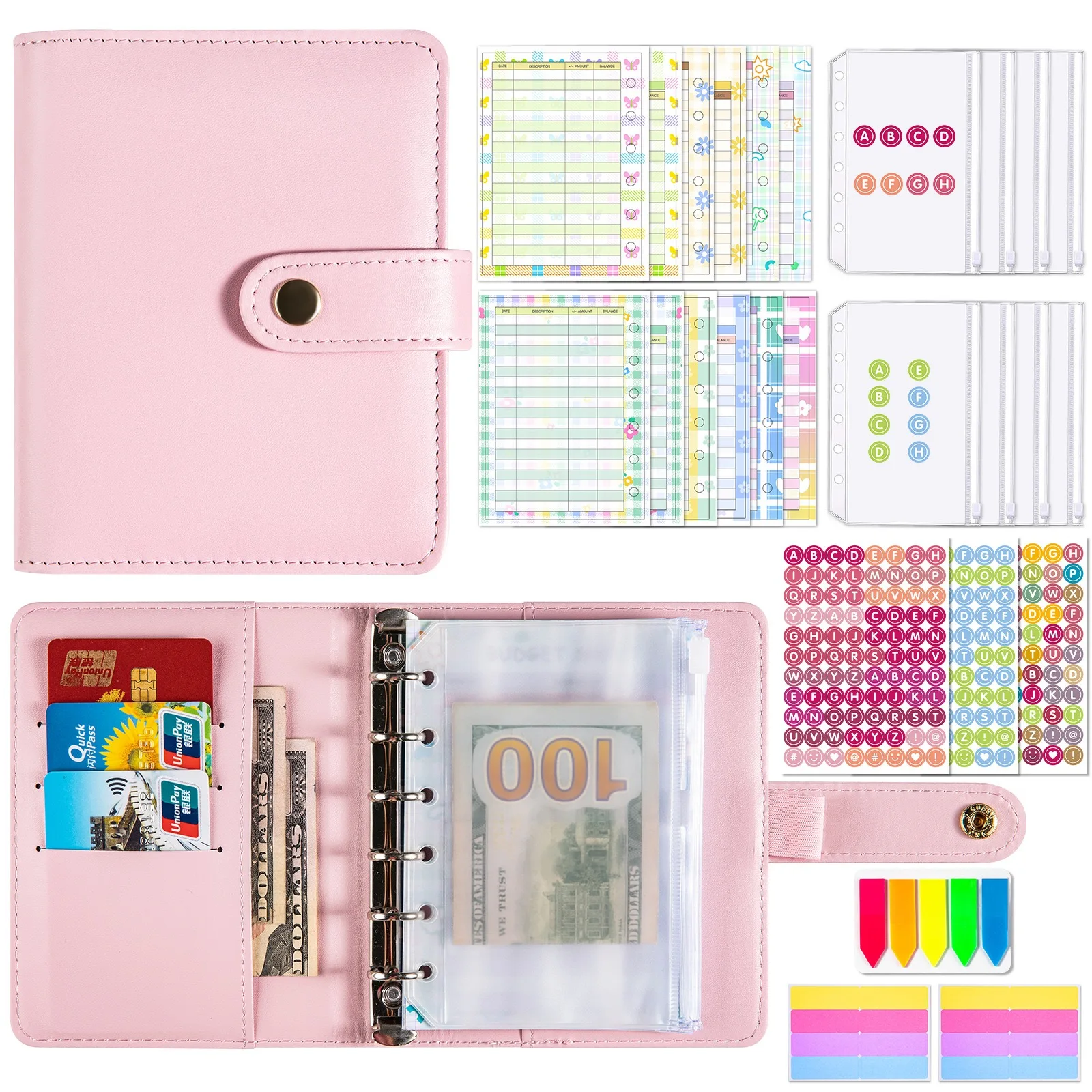 A7 Budget Binder Set, Planner Binder,Alphabet Stickers Refill Paper, Clear Binder Pocket 6 Rings Cash Stuffing Envelope System