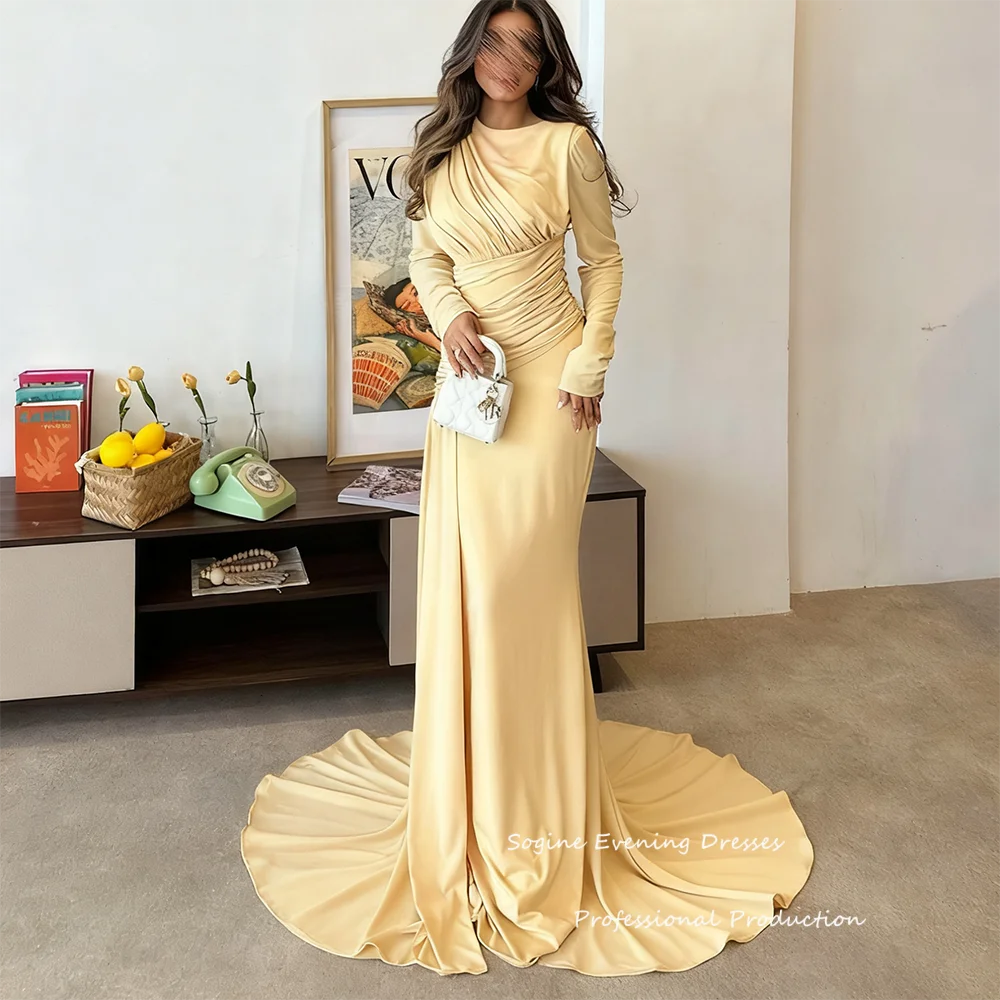 Customized Satin Mermaid Evening Dresses Draped Ruched فساتين سهرة Long Cocktail Long Sleeve O-Neck Party Prom Gowns