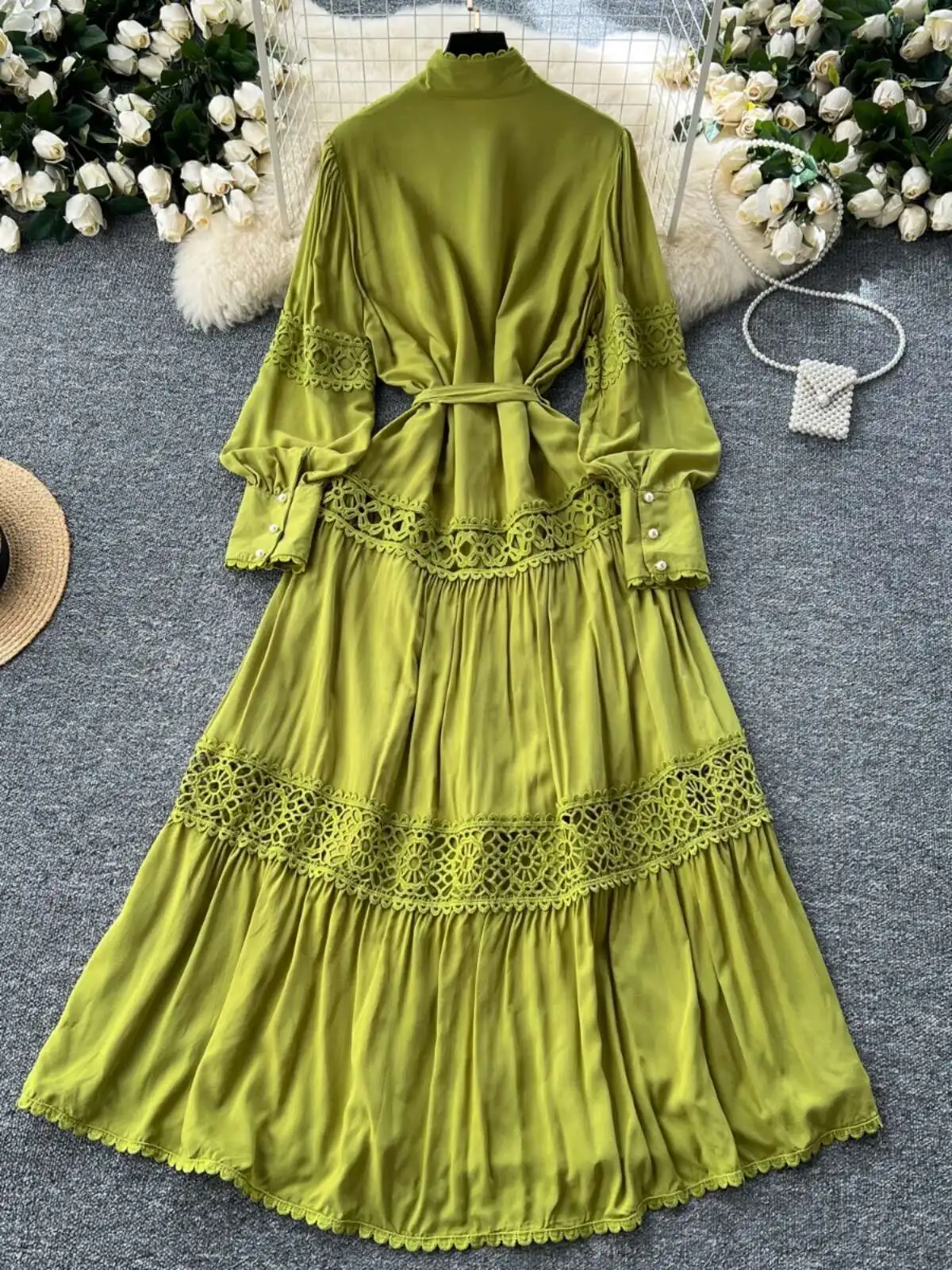 navy blue dress for baby girl Elegant Winter Lantern Long Sleeve Autumn Dress Women Lace Patchwork Pearl  Button Single Breast Belt A Line Loose Party Vestidos