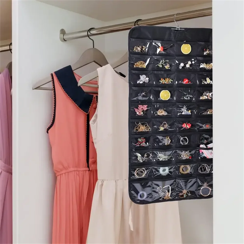 1pc 80 Pockets Hanging Women Jewelry Organizer, Earrings Necklace Bracelet Ring Accessories Display Holder