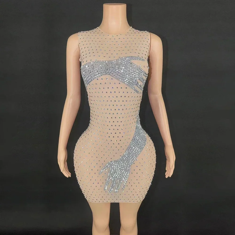 Sexy See Through Mesh Sheath Mini Dress Luxury Diamonds Evening Party Performance Costume Nightclub Singer Dancer Stage