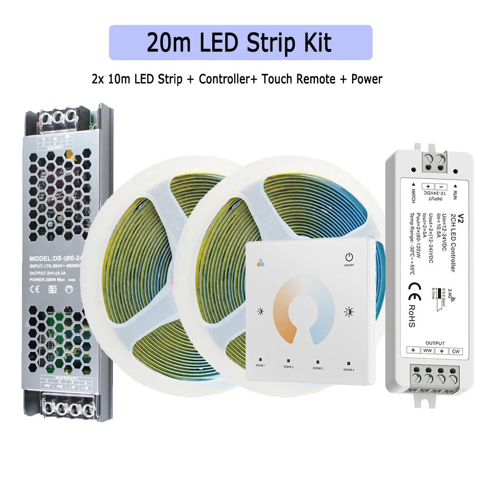 5M 10M 20M COB CCT LED-strip 24V Flexibele hoge dichtheid dimbaar kamerlicht 2.4G RF Touch afstandsbediening Dual White 2700K-6500K