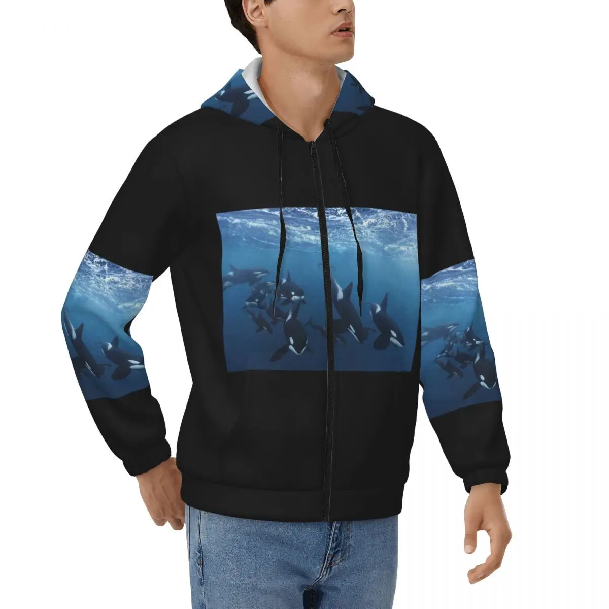 Bule Orca Whale Family Swimming In Sea Zipper Hoodie Hip Hop Pullover Autumn Winter Men Women Sweatshirt Long Sleeve Tops