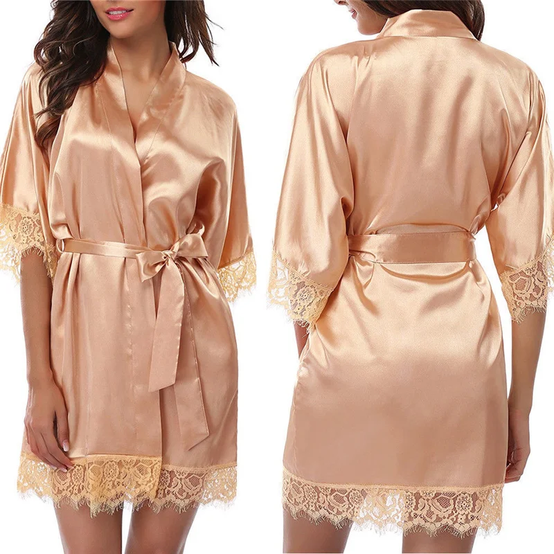 Women Sexy Robes Silk Satin Poplin Lace Robes Ladies Wedding Bridesmaid Bride Gown Kimono Solid Robe Bathrobe Sleepwear