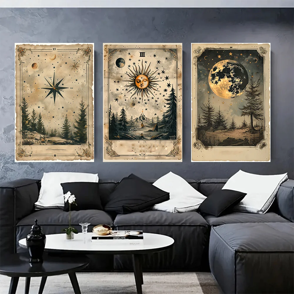 3 teile/satz Sterne Mond Sonne Tarot Karte Leinwand Druck Mysterious Sky Thema Astrologie Wand Kunst Poster für Moderne Wohnzimmer Hause decor