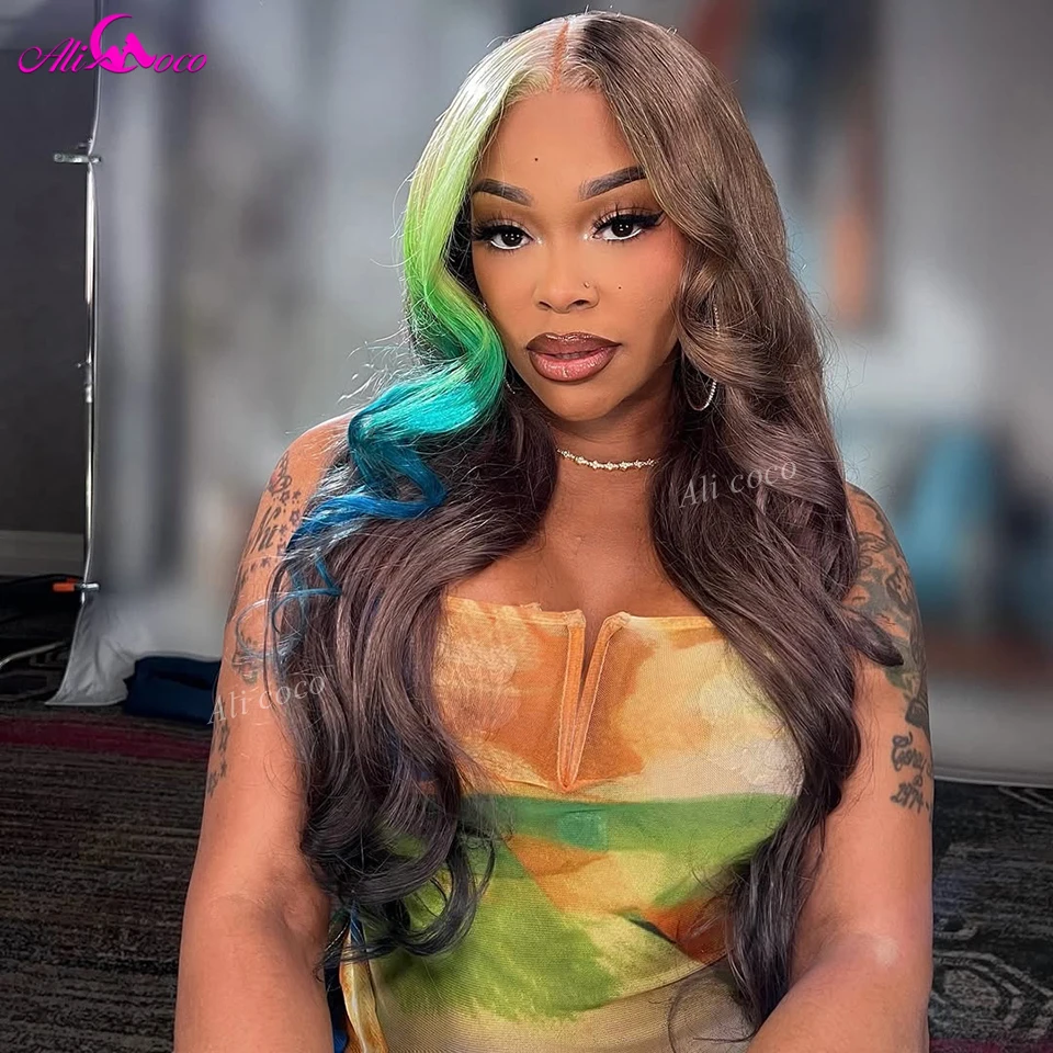 

Brown with Blue Ombre 180 Density Lace Closure Human Hair Wigs Body Wave 13X4 Transparent Lace Frontal 5X5 Pre Plucked for Women