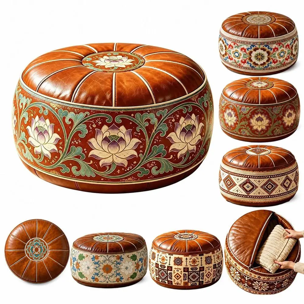 New PU Leather Fillable Ottoman Pouf Round Shape Moroccan Style Round Pouf Cover Embroidered Pattern Storage Ottoman Home Use