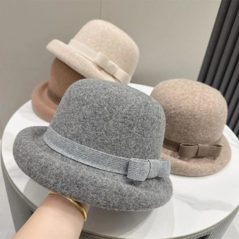 Classic Felt Cloche Hat for Women Fall Winter Soft Fedora Bucket Hat Vintage Short Brim Bowler Cap with Bow for Daily Wear