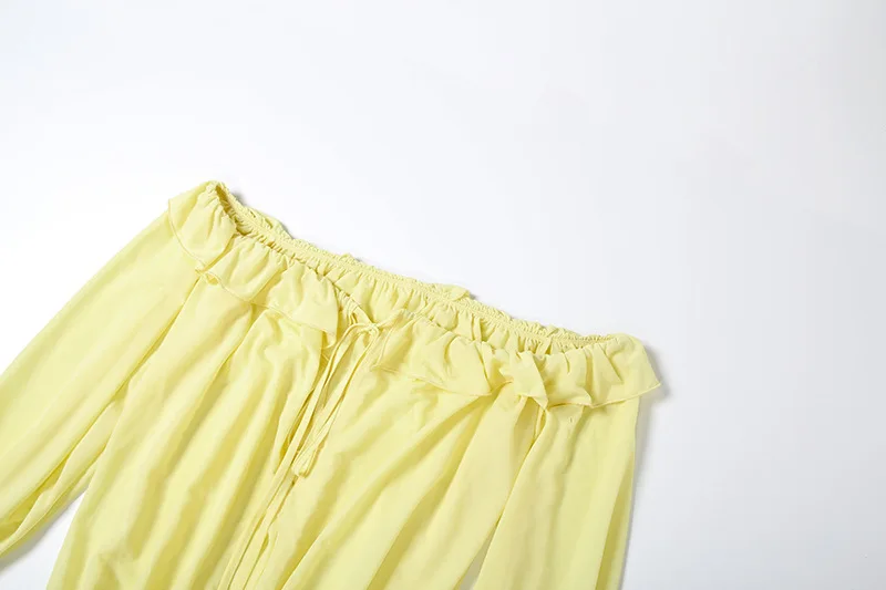 Mini robe froncée à volants jaunes pour femmes, élégante et Sexy, col Slash, épaules dénudées, manches longues évasées, tenue de soirée, Clubwear