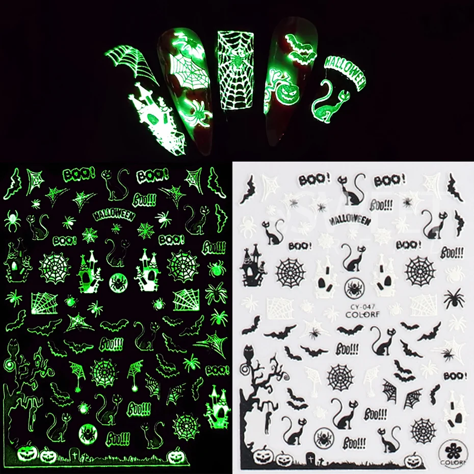 3D Luminous Nail Stickers Decals Black White Spider Web Skull Alien Planet Glow In The Dark Halloween Manicure Foils Tattoo Tips