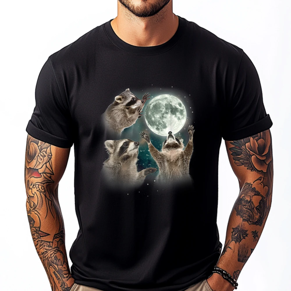 

Three Racoons Howling The Moon Raccoon Funny Green And White Graphic T Shirt Natural Camisas De Hombre Vintage