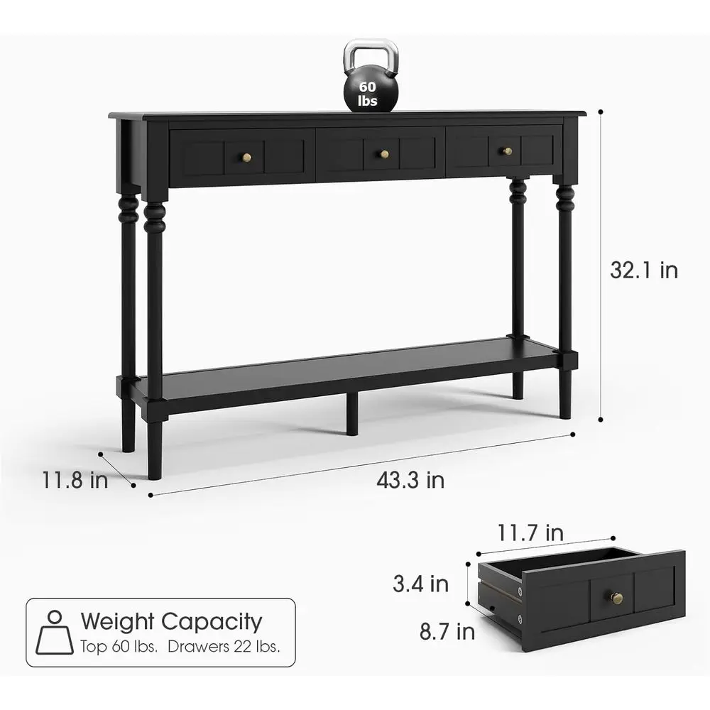 Black Ole Table with Drawers or Entryway 43, French | Long Narrow Entry Table with Storage Bottom Shelf for Hallway, Behind Couc