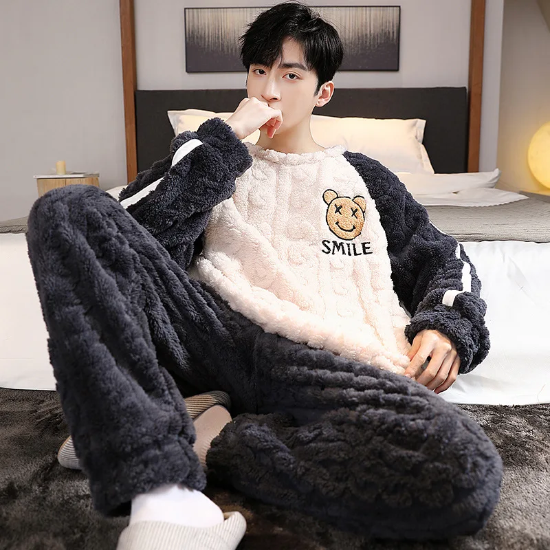 Men\'s New Coral Fleece Pajamas Fall and Winter Padded and Thickened Men\'s Warm Facecloth Leisure Home Wear Gentleman Pajama Set