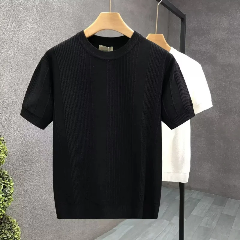 White Jacquard Short Sleeve Sweater Men'S Spring Autumn Thin Base Shirt Men'S Trendy Fashion Half Sleeve Knitted Shir
