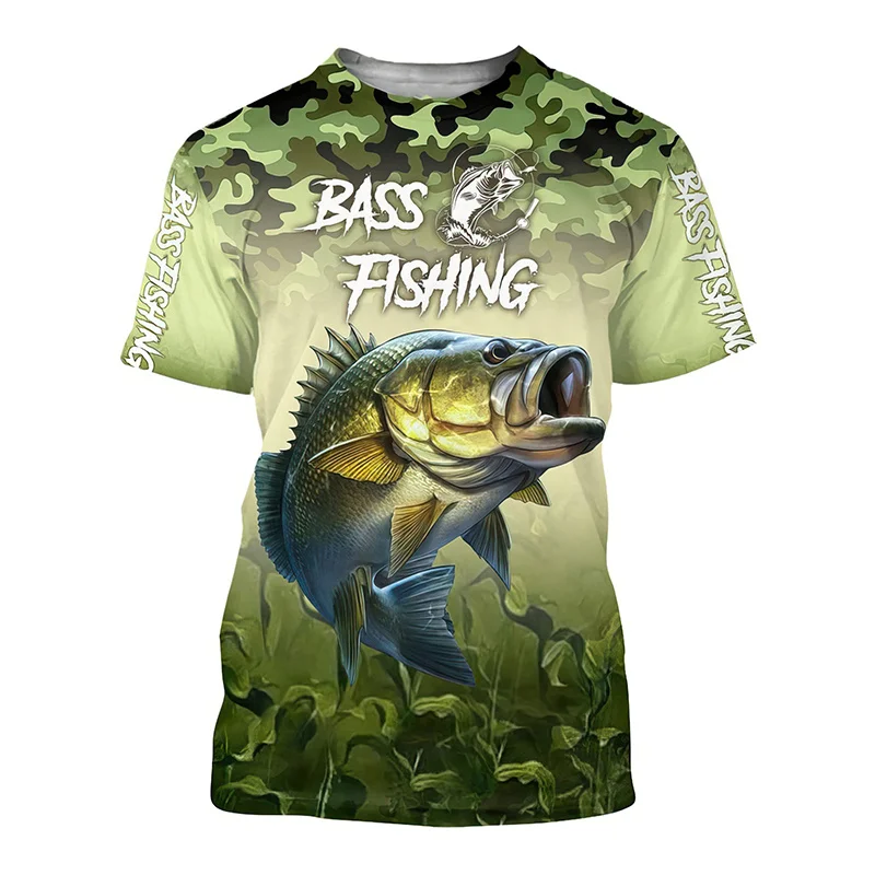 Bass Fish Graphic T Shirt for Men Clothes Tops Womens Clothing Harajuku Fashion T-shirt 3D Marlin Camo Printed Tees Short Sleeve