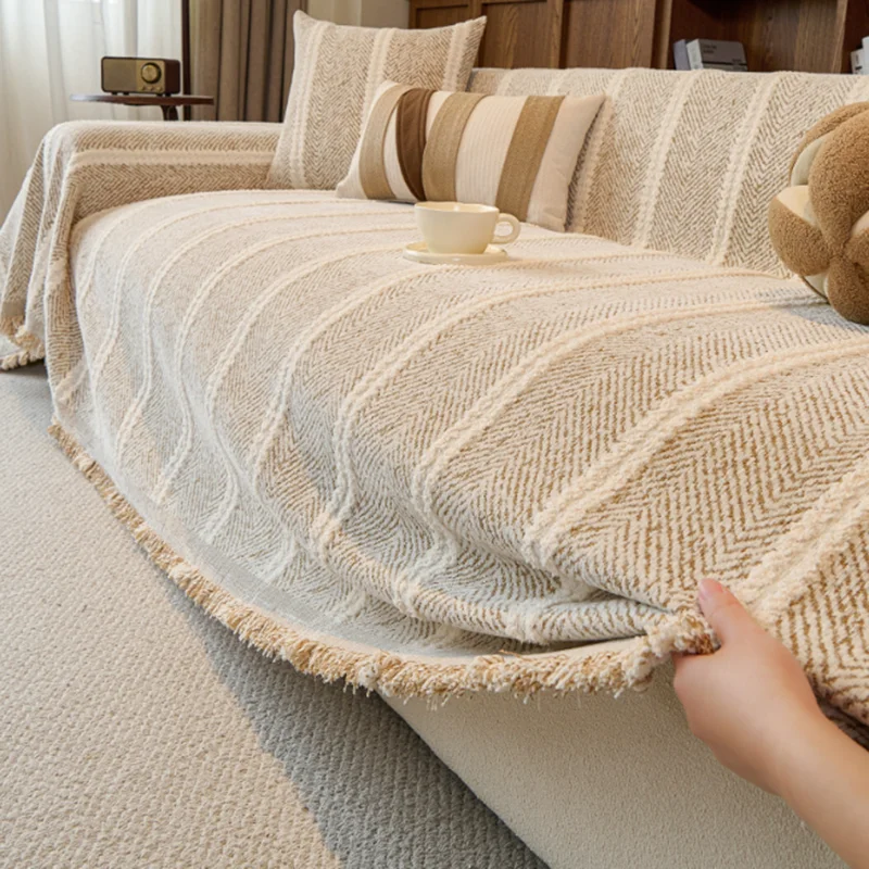 2026 Nordic Chenille Striped Sofa Cover Soft Anti-Scratch Sofa Cloth Towel for Home All-Inclusive Anti-Dirt Armchair Protector