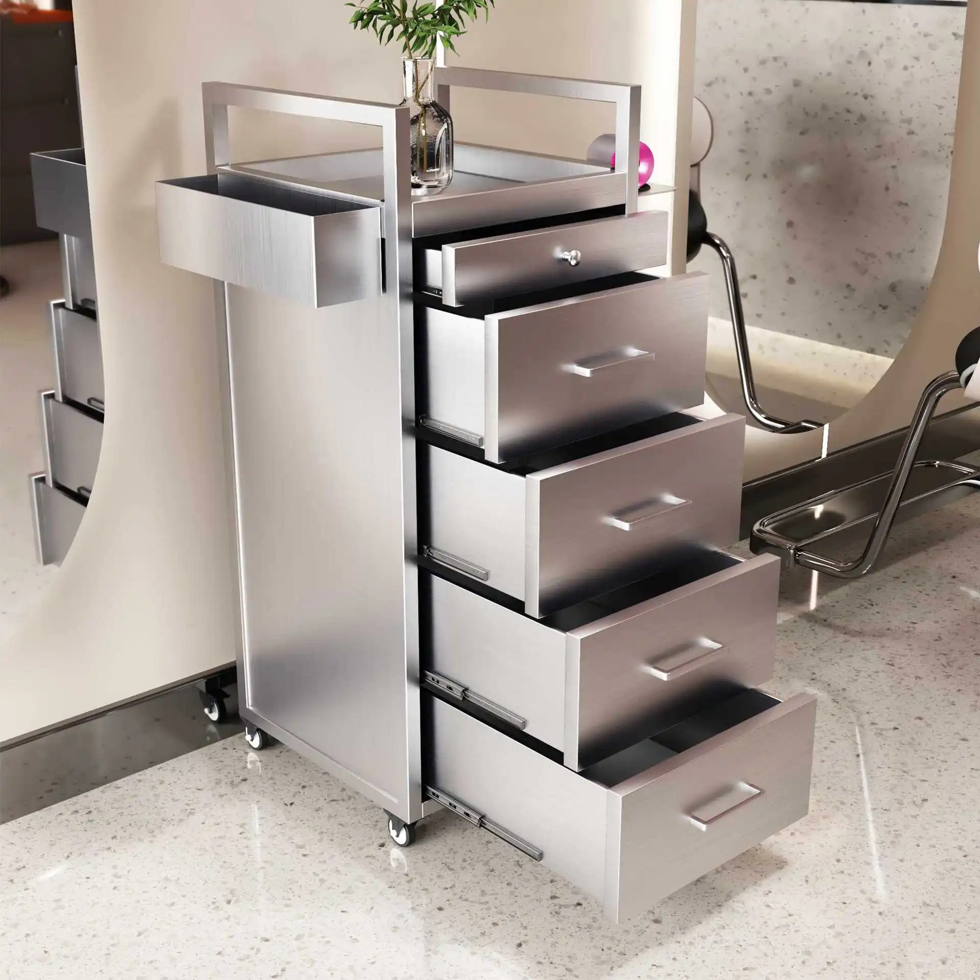

Stainless steel tool cabinet with hair dryer bracket, anti-fingerprint design, silent and anti-wrapping hair salon hairstylist