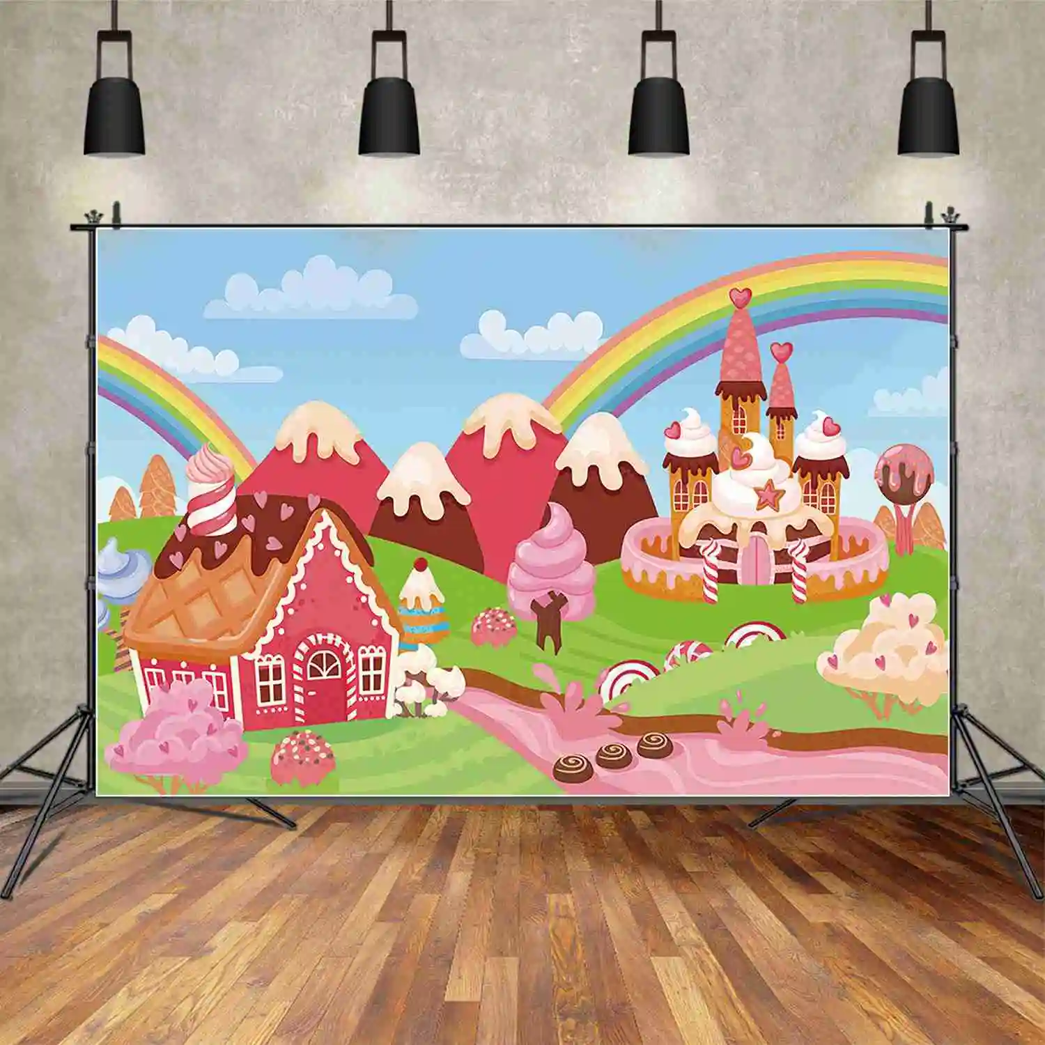 Mon.qg แคนดี้บาร์1st วันเกิดของเด็กทารกฉากหลังรูปภาพ candyland PARTY photozone background รูปถ่ายโดนัทที่กำหนดเอง