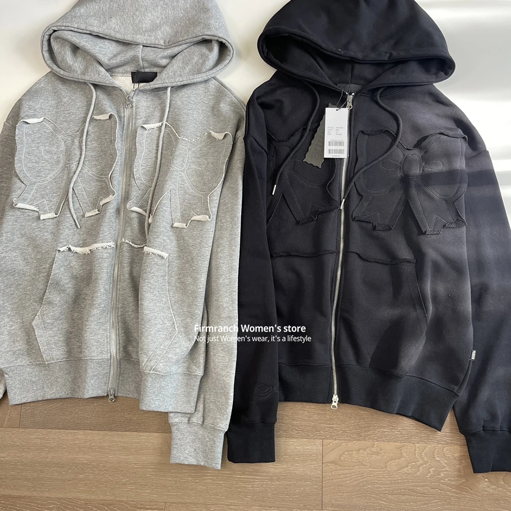 Firmranch Korean Jennie Clothes Bowknot Joy Oversize Hoodies For Women Cotton Black & Grey Zip Up Hood Sweatshirt