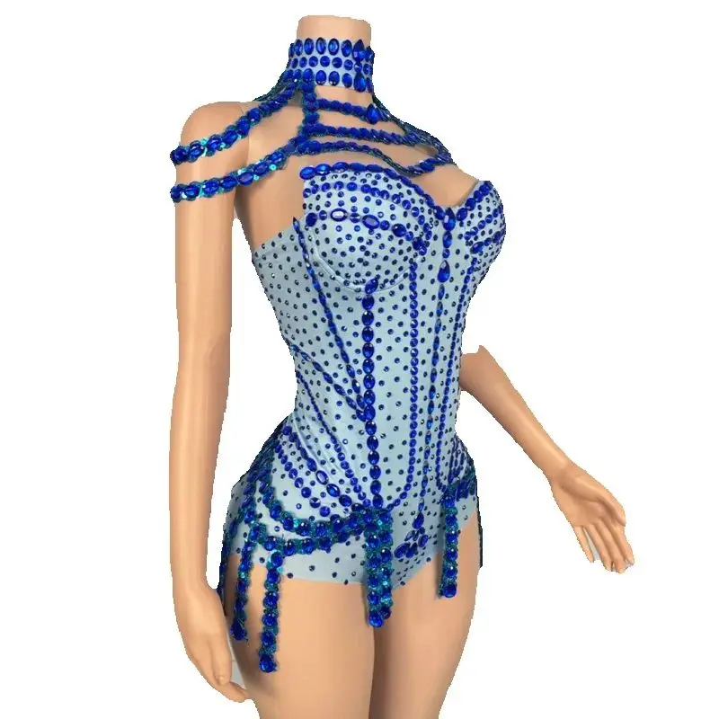 Women Group Jazz Dance Costume Blue Rhinestones Bodysuit Halloween Bar Nightclub Ds Dj Gogo Dancer Outfit Rave Wear XS9691