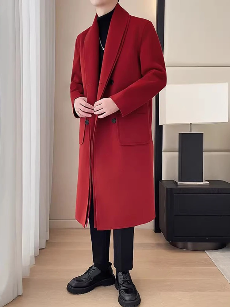 

Men's Long Over-Knee Aran Red Woolen Coat Autumn Winter Faion Briti Sle Windbreaker Coat Warm Flap ket Double Breasted