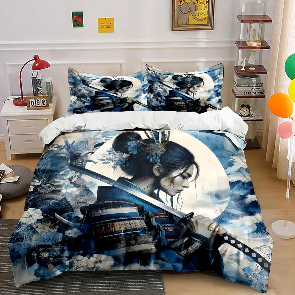 Samurai in blue armor with moon backdrop Print Bedding Set 1 Duvet Cover 2 Pillowcases for Adult and Children Luxury Gift