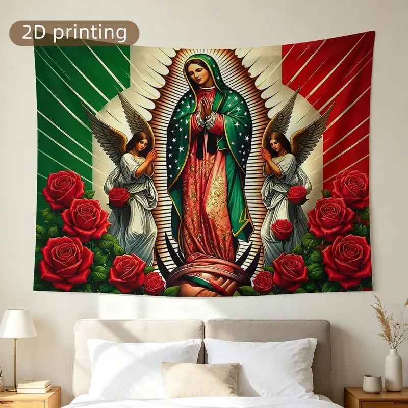 VIKAMA Virgin Mary Guadalupe Tapestry Religious Catholic Angels Roses Wall Hanging Wall Art for Bedroom Living Room Decor