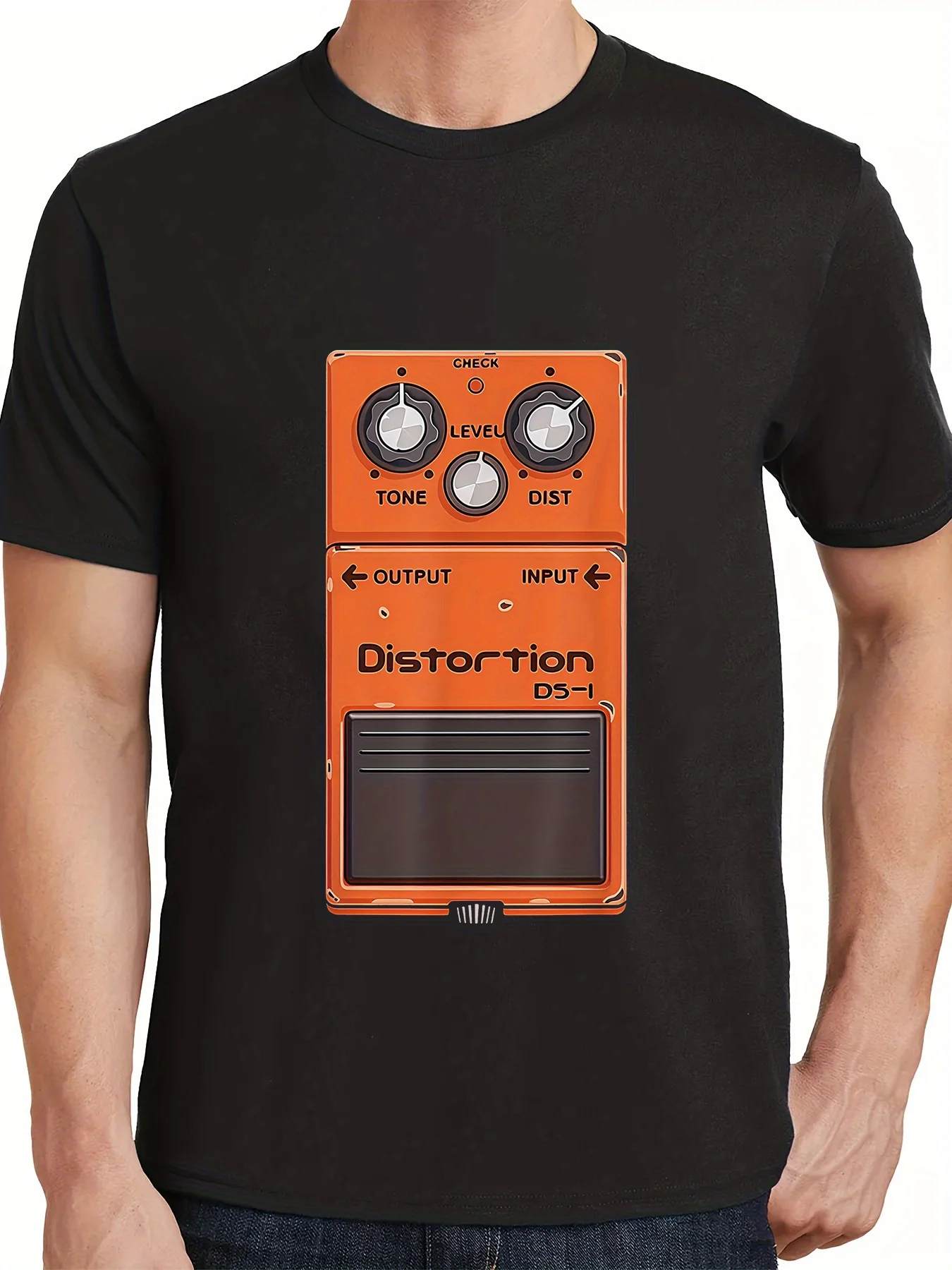 Camiseta masculina com estampa gráfica de amplificador de pedal de guitarra, camiseta com estampa vibrante para entusiastas de música rock, macia e respirável