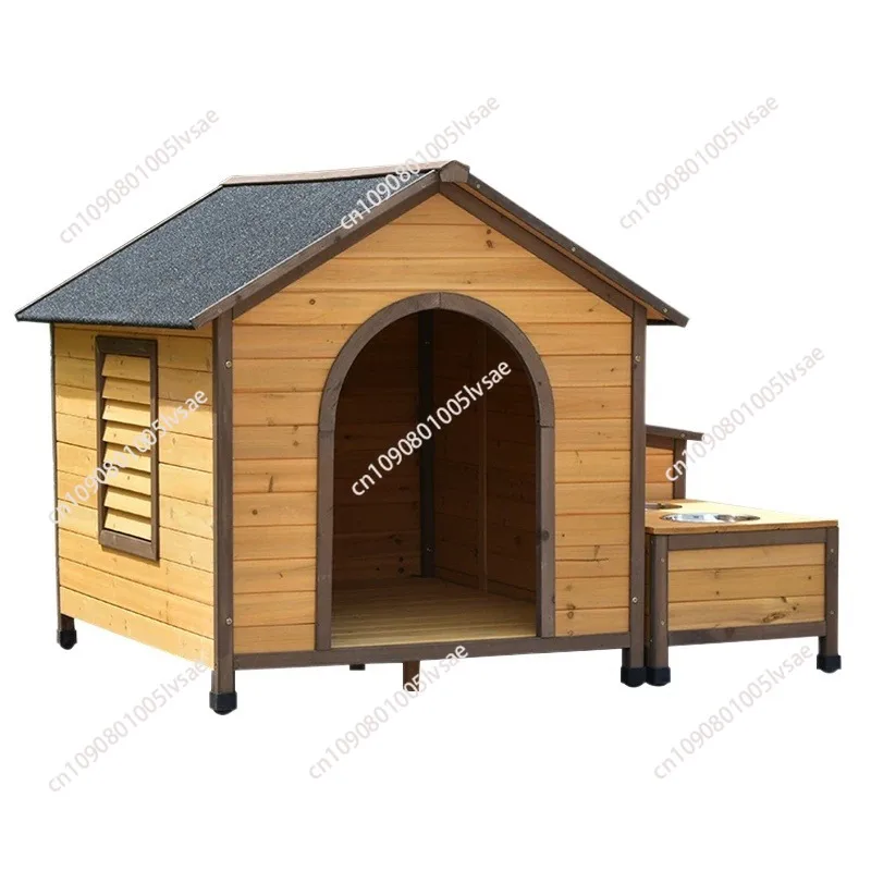 Solid Wood Pet Villa Rainproof Anticorrosive Dog Kennel Cage Outdoor Nest with Sun Belt Free Food Water Basin Button Closure