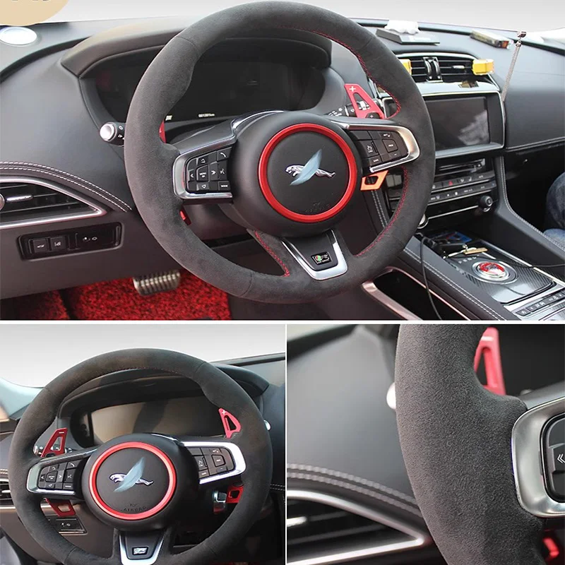 Red Mark&Suede Car Interior for Jaguar XF/XJL/XE/F-PACE/F-TYPE Hand Stitched Non-slip Car Steering Wheel Cover