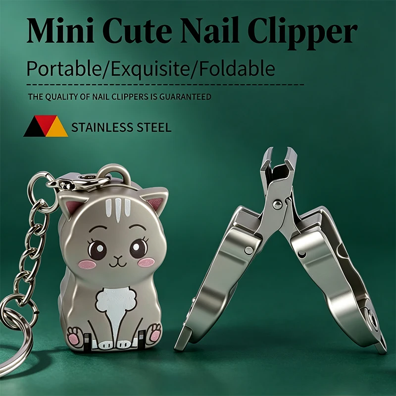 Cute Mini Cat Folding Nail Clippers, Portable Keychain Nail Cutter, Stainless Steel Foldable Manicure Trimmer for Travel Outdoor Daily Use