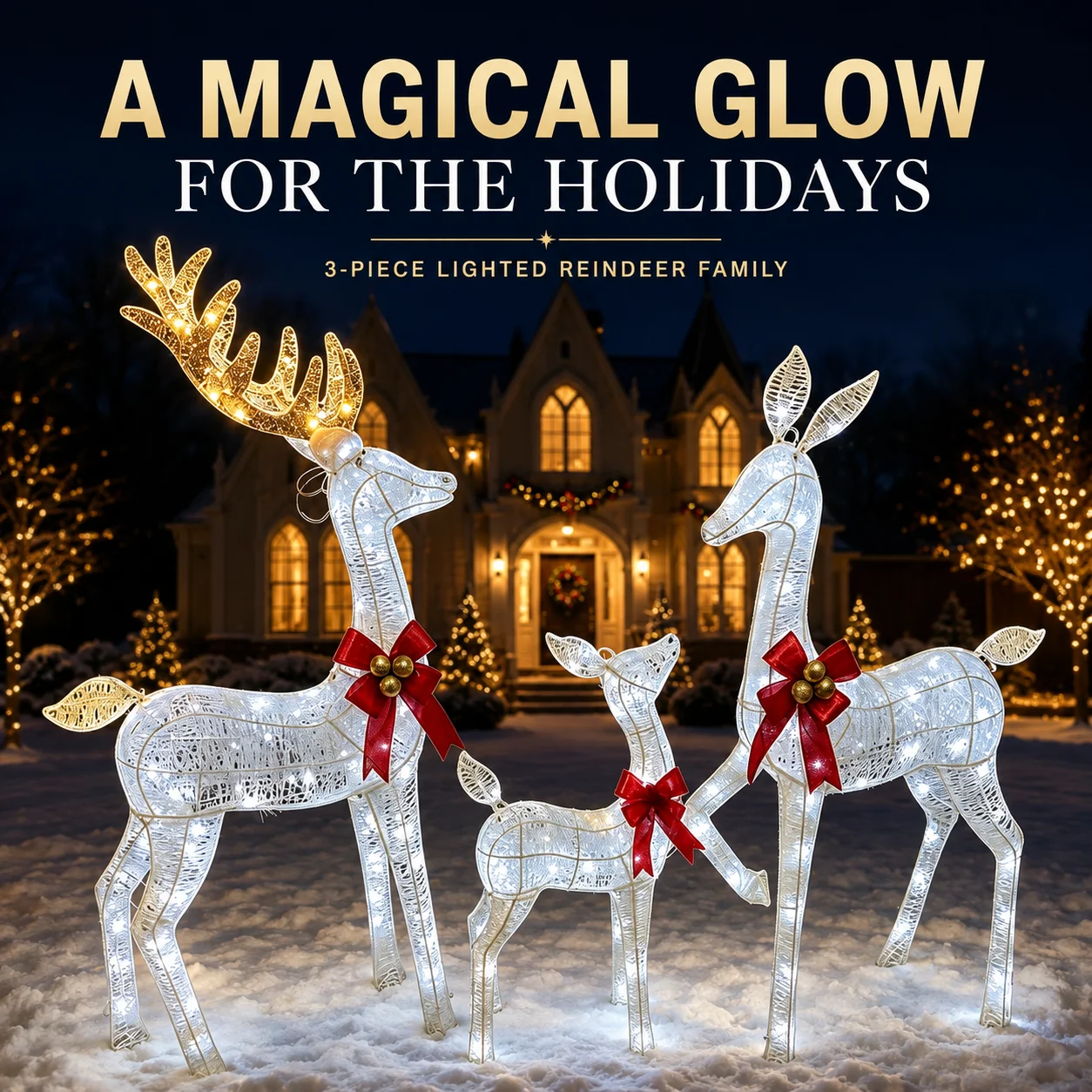Lighted Holiday Displays 3D Deer Family Set Of 3 (Buck Doe & Fawn) 105+70+35 White Lights.Luminated Animal Decor For Garden, Yard, Porch, Patio, Living Room, Window, Entryway, Holiday Party Scene, Holiday Wireframe Lights, Standing Holiday Decor