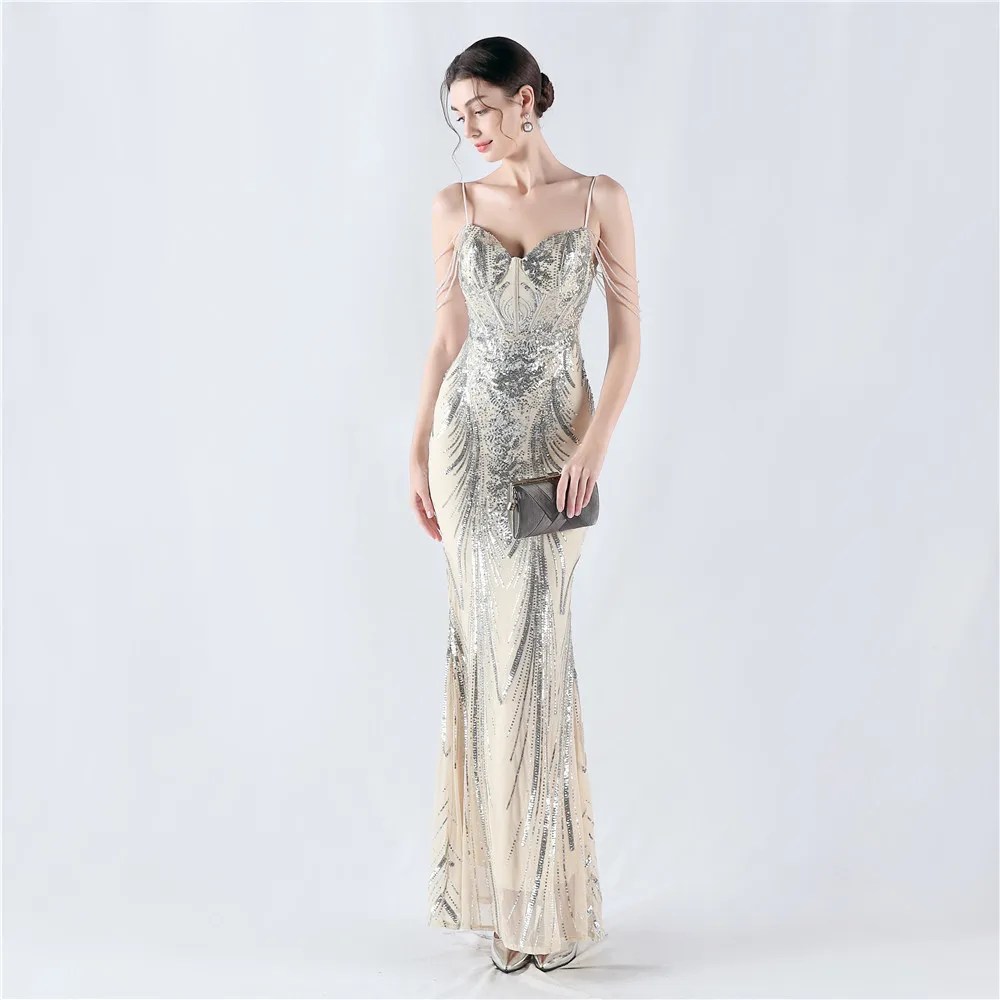 Luxury Backless Sequin Long Evening Dresses For Women Elegant Mermaid Sequins Formal Occasion Dress Prom Party Dresses