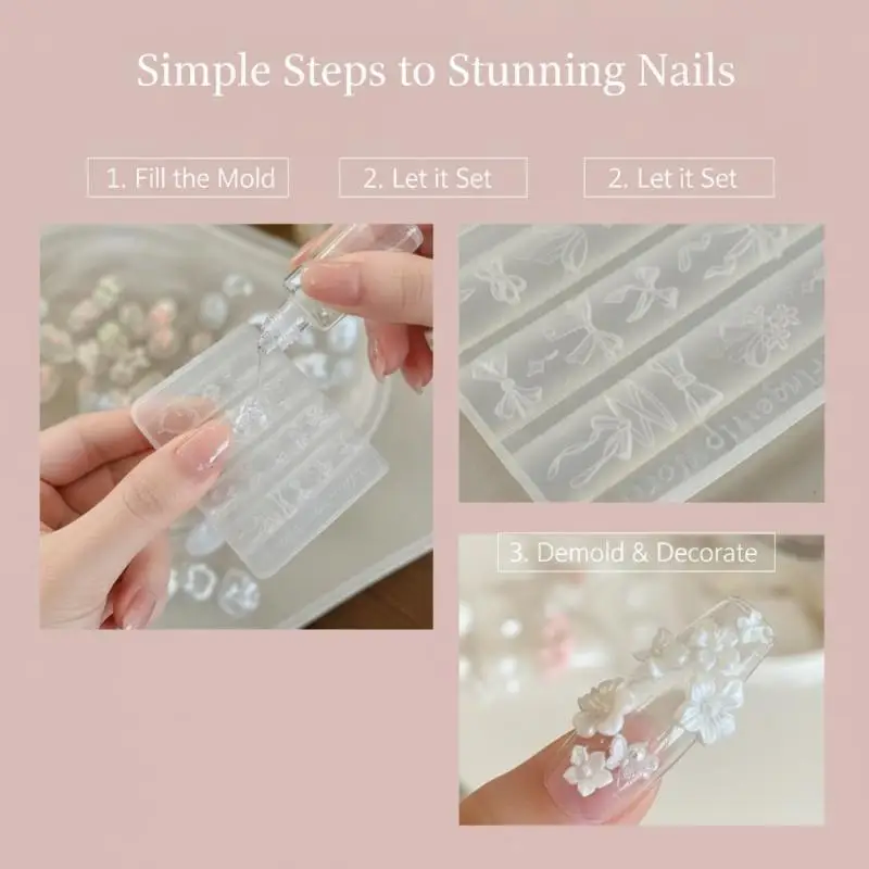 Silicone 3D Nail Carving Mold Flower Bowknot Ribbon Design Flexible Manicure Tool for Home DIY Nail Art Creation