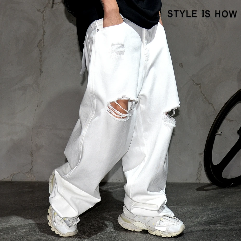 High Quality White Ripped Baggy Jeans Men\'S Clothing Korean Streetwear Hip Hop Skateboard Trousers Street Dance Denim Pants Male