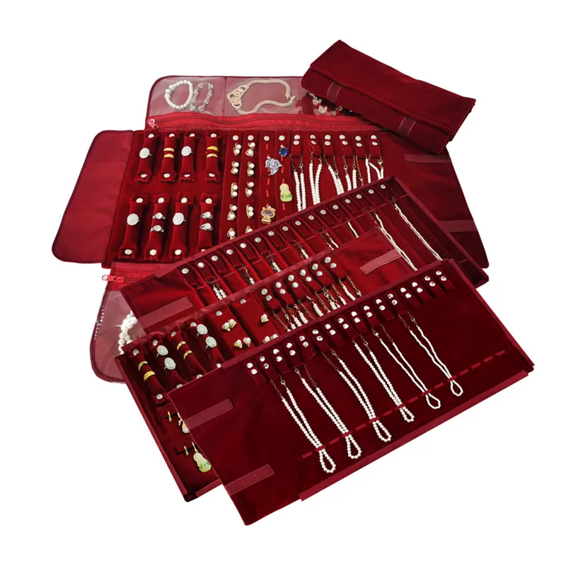 

Высококачественная темно-красная бархатная сумка для хранения и демонстрации ювелирных изделий: колец, ожерелий, подвесок и серег.