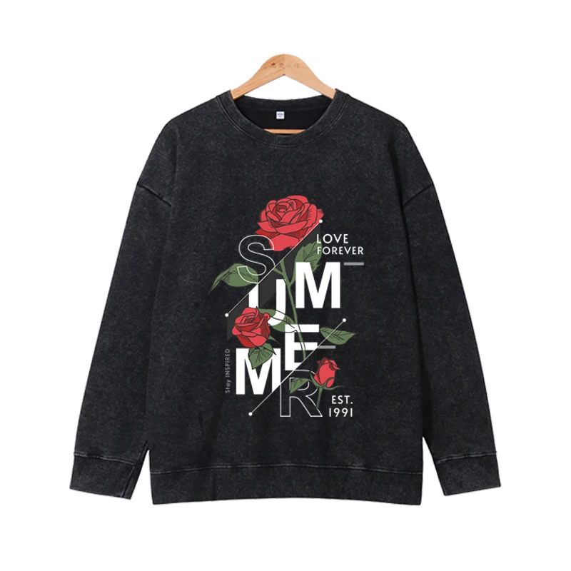 Romantic and Beautiful Rose Lazy Top Spring and Autumn New Round Neck Long Sleeve Loose Multi functional Cotton Top