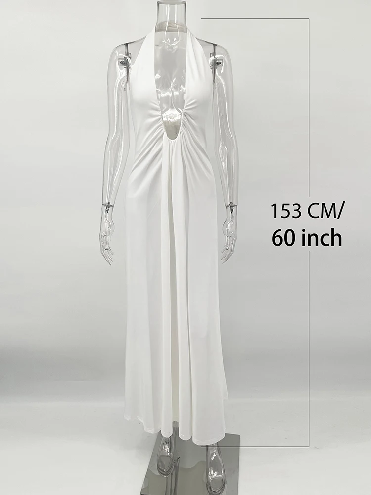 TARUXY Deep V Neck Halter Long Dress Female Elegant Ruched Ribbon Splice Summer New Vacation Dress Sexy Slim Sleeveless Vestido
