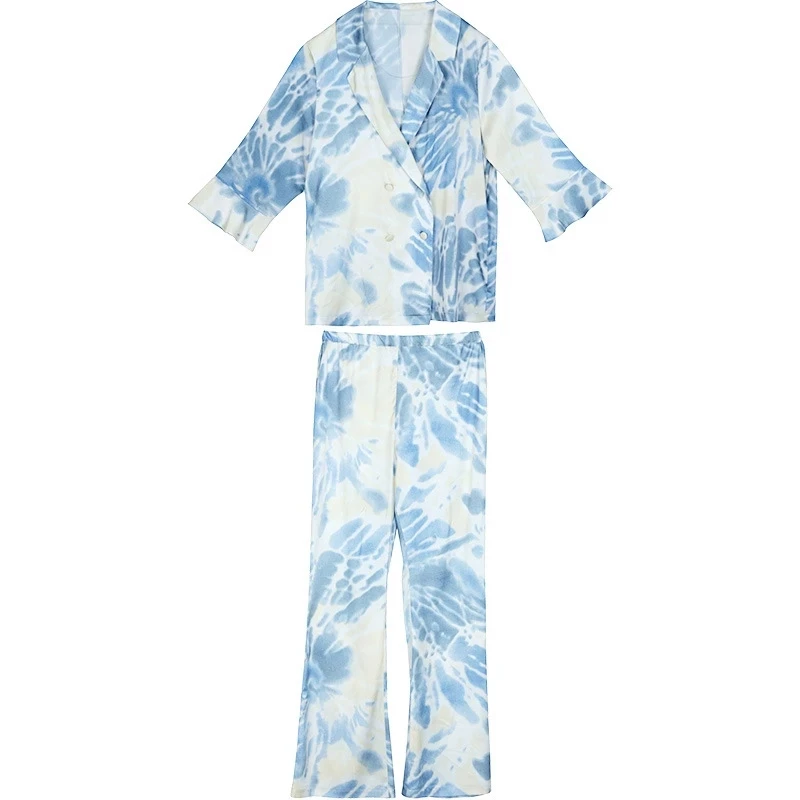 Spring Autumn Women\'s Pajamas Set New Silk Satin Printed Sleepwear Loungewear for Women 2 Pieces Long Sleeve Can be Worn Outside